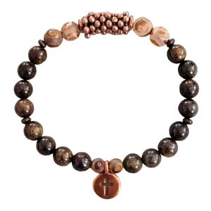 Hand Crafted Bronzite Gemstone with Tibetan Agate 8" Copper Cross Charm Bracelet